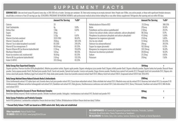 Spring of Life Daily Energy Supplement Facts